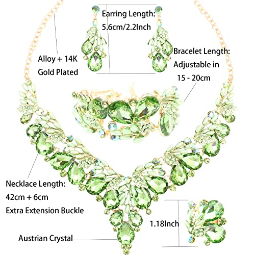 Jewelry Set for Women, Statement Necklace Dangle Earrings Bracelet Ring, White/KC Gold Plated Jewelry Set with Rhinestone Pearl Crystal Wedding Party Jewelry for Bridal Bridesmaid - color: Green-Gold Plated