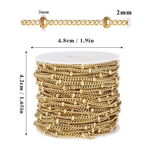 33FT 2mm 18K Gold Plated Satellite Curb Chains Roll Bulk for Jewelry Making | 304 Stainless Steel Gold Ball Beaded Twisted Link Satellite Chain Spool for DIY Craft - color: Gold Small Beads Satellite Curb Chain