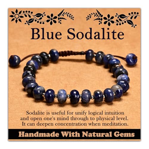 468Handmade Adjustable Natural Gemstone Crystal Bracelet Healing Power Energy Inspirational Gifts with Card for Unisex - color: 08-Blue Sodalite(Wisdom), size: 5x8mm