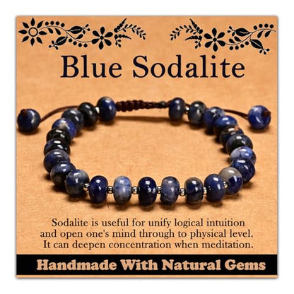 468Handmade Adjustable Natural Gemstone Crystal Bracelet Healing Power Energy Inspirational Gifts with Card for Unisex - color: 08-Blue Sodalite(Wisdom), size: 5x8mm