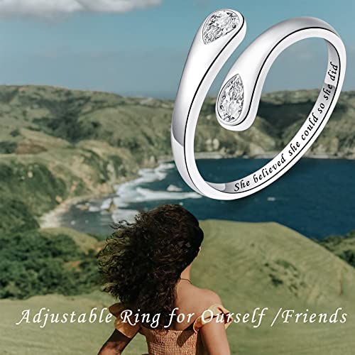 Fookduoduo 925 Sterling Silver Ring Inspirational Jewelry adjustable Wrap Open Rings for Women - style: She believed she could so she did, style 2