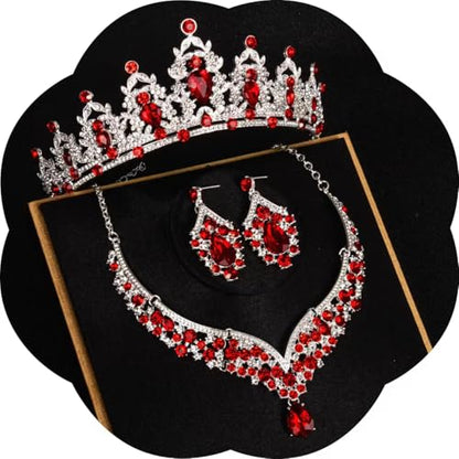 Crowns and Tiaras jewelry sets for Wedding princess birthday party Halloween Prom Pageant Jewelry for Women Crystal Bridal Jewelry Set for women - color: Silver Red