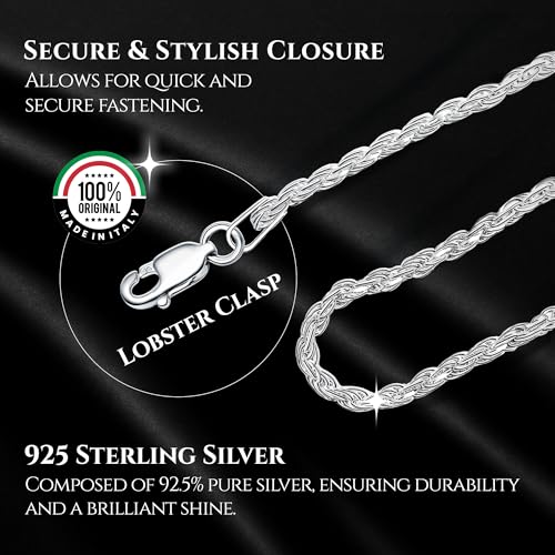 DSS 925 Sterling Silver Italian Silver Diamond Cut Rope Necklace Chain for Women & Men, Luxury Chain with Upgraded Lobster Clasp, Hypoallergenic - Made in Italy