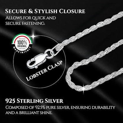 DSS 925 Sterling Silver Italian Silver Diamond Cut Rope Necklace Chain for Women & Men, Luxury Chain with Upgraded Lobster Clasp, Hypoallergenic - Made in Italy