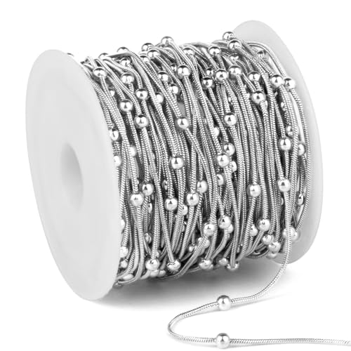 33FT 1mm Stainless Steel Satellite Snake Chain Roll Bulk for Jewelry Making | 304 Stainless Steel Beaded Round Snake Chains Spool for DIY Craft Necklace Bracelet - color: Big Beads Stainless Steel Satellite Snake Chains