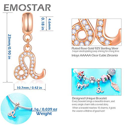 EMOSTAR Zodiac Sign Charms fits European Charm Bracelet – Rose Gold 925 Sterling Silver Necklace Pendant, 12 Horoscope Constellation Dangle CZ Birthstone Beads, Gifts for Women/Men/Birthday - color: Leo (7.23 – 8.22)