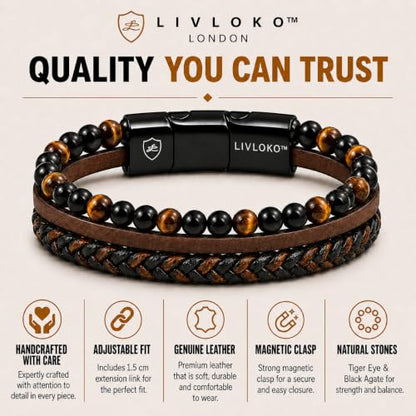LONDON Mens Bracelet Leather Black Multi-Layer Stone Beads Adjustable Steel Clasp Viking Rope Bands Surfer Man Wristband Male UK Jewellery Gift box Boyfriend Dad Son Brother Tiger Eye - color: B. 19-22cm Black Brown Tiger-Eye Adjustable, size: Medium to L