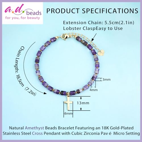 Natural Gemstone Healing Crystal Dainty Charms Bracelet Adjustable Chain Extender Minimalist Jewelry - color: Amethyst + Cross