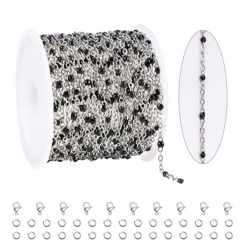 KYUNHOO 16.4FT/5M Black Enamel Beaded Chain for Jewelry Making | Silver Cable Link Roll Stainless Steel Jewelry Chains for Necklace Bracelet DIY - color: Silver-Black-2mm
