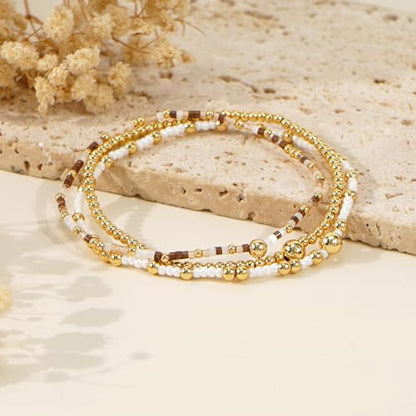 Gold Beaded Bracelet Stack for Women Colorful Small Seed Beads Bracelets Set Boho 14K Gold Plated Ball Stackable Stretch Non-Tarnish Dainty Jewelry Trendy Accessory Friendship Gift - color: brown and white