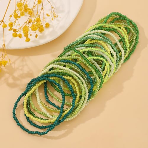 Soyzvteo 17Pcs Elastic Beaded Bracelets Bohemian Stackable Beaded Stretch Bracelets Colorful Boho Beach Bracelet Set Rainbow Handmade Seed Beach Bracelet Jewelry - color: 30Pcs/Green