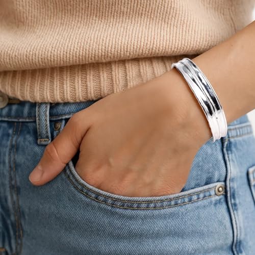Irregular Hammered Wave Texture Cuff Bracelet for Women Open Bangle Hypoallergenic Jewelry Silver & Gold - color: Silver