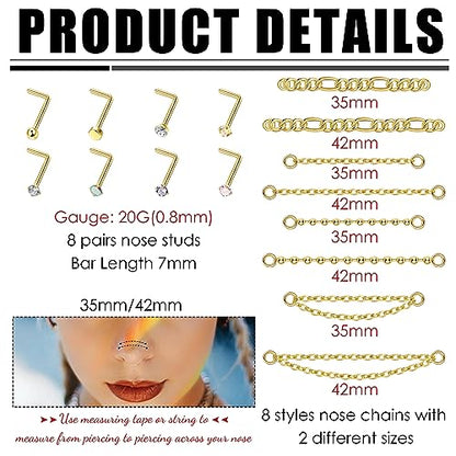 Stainless Steel Nose Rings Chain Horseshoe Nose Ring Body Piercing Jewelry | African Star Heart Studs Horseshoe Nose Cuff Septum Chain Body Piercing Jewelry Set for Women Men, Silver - color: 14K Gold Plated