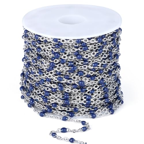 33FT 2mm Stainless Steel Navy Blue Enamel Chains Bulk for Jewelry Making | 304 Stainless Steel Enamel Beaded Cable Chains Roll Spool for Necklace Bracelet Craft - color: Stainless Steel Navy Blue Beads