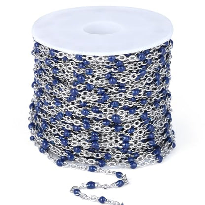 33FT 2mm Stainless Steel Navy Blue Enamel Chains Bulk for Jewelry Making | 304 Stainless Steel Enamel Beaded Cable Chains Roll Spool for Necklace Bracelet Craft - color: Stainless Steel Navy Blue Beads