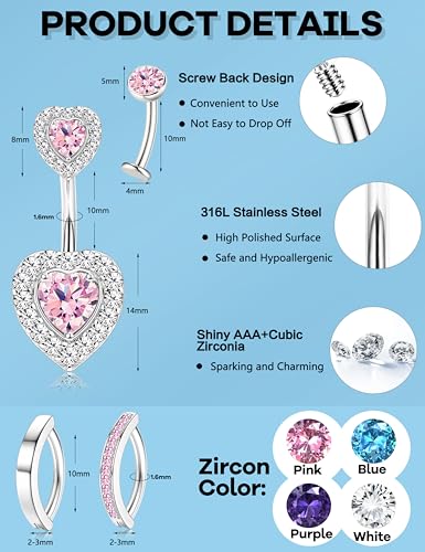 JeryWe Hypoallergenic Belly Button Ring Surgical Stainless Steel - Dainty Dangle Navel Piercing Jewelry CZ Bow Heart Ball Pearl Clicker Piercings for Women - color: Pink