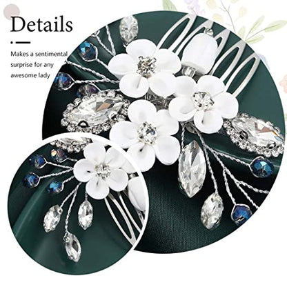 Catery Flower Bride Wedding Hair Comb Silver Small Side Comb Blue Crystal Hair Piece Jewelry Accessories for Women and Girls | Floral Wedding Headpiece Silver Crystal Hair Clips for Bridesmaid Bride Hair Accessory for Prom