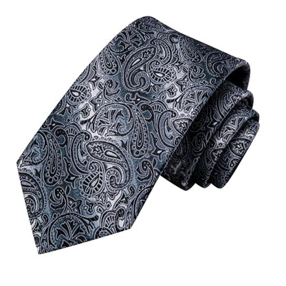 Hi-Tie Men 63inches Tie Set Extra Long Necktie Paisley Tie Pocket Suqare Cufflinks Big and Tall Men Tie - color: Black Grey