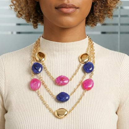 Bocar 3 Layered Statement Necklace for Women Multi Strand Necklace with Resin Beads, Chunky Layered Chain Necklace (NK-10826) - color: Rose Blue