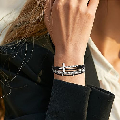 Fesciory Leather Wrap Bracelet for Women, Boho Western Layered Cuff Jewelry | Stackable Bracelets, Easy-On Clasp, Daily Wear, Pairs with Boho Western Outfits, Gift for Women - color: Black13