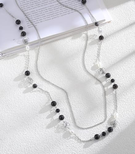 FULU AUTUMN Long Layered Silver Necklaces for Women - Natural Stone and Dainty Flower Beaded Sweater Chain Fashion Jewelry Gifts - color: Black