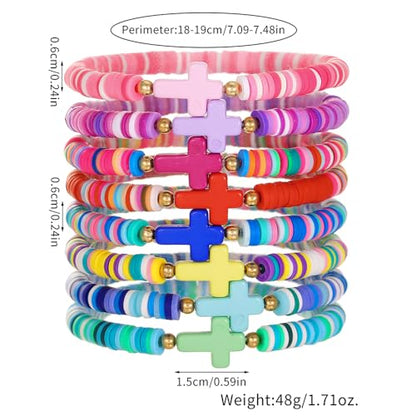 Heishi Surfer Clay Bead Bracelets Set for Women - Preppy Smile Evil Eye Beaded Stretch Bracelets Elastic Layering Friendship Bracelets- Stackable Boho Disc Summer Jewelry Set - color: COLORFUL CROSS