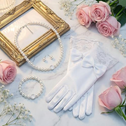 Marrywindix 4 Pcs Pearl Necklace Set Tea Party Gloves Pearl Necklace Bracelet Earring for Wedding Christmas Party Cosplay Accessories