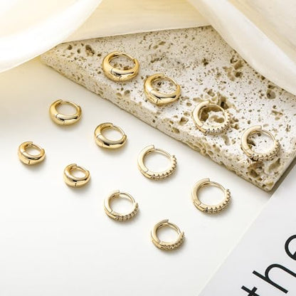 HILXURY 6 Pairs Small Gold Huggie Hoop Earrings for Women, 14K Gold Plated Cartilage Piercings Hoop Earrings Hypoallergenic, Trendy Lightweight Chunky Hoops Set for Women Gifts. - color: E- Gold