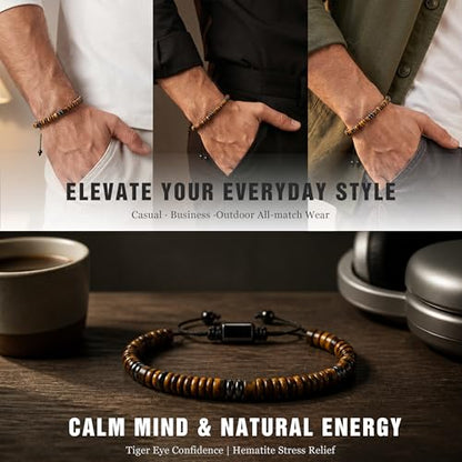 Natural Stone Beaded Bracelet for Men Women Boho Adjustable - color: Tiger Eye