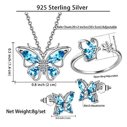 925 Sterling Silver Birthstone Butterfly Jewelry Women Crystal Animal Cute Butterflies Birthday Necklace/Earring/Ring/Bracelet Sets Birth Stone Statement Anniversary Jewellery - color: 2-C.March-Aquamarine