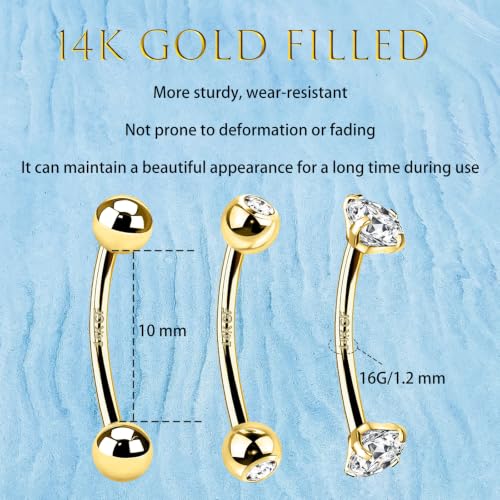 3 Pcs 14k Gold Filled Eyebrow Rings, 16G Rook Piercing Jewelry, Surgical Steel Vertical Lip Labret Belly Tongue Ring Daith Earring Curved Barbells 6mm/8mm/10mm - color: gold 10mm