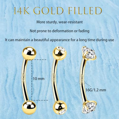 3 Pcs 14k Gold Filled Eyebrow Rings, 16G Rook Piercing Jewelry, Surgical Steel Vertical Lip Labret Belly Tongue Ring Daith Earring Curved Barbells 6mm/8mm/10mm - color: gold 10mm
