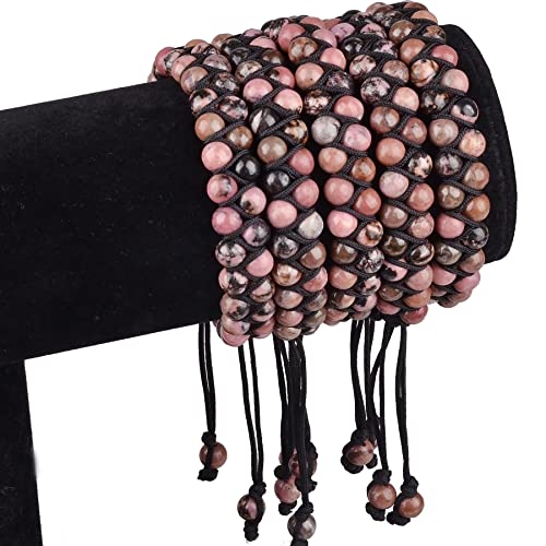 MASSIVE BEADS Double Layer Natural Chakra Healing Power Crystals Macrame Bracelet Yoga Stone Beads Gemstone Meditation Relax Anxiety Bangle for Unisex Women Men - color: Pink Black Rhodonite, size: 4mm