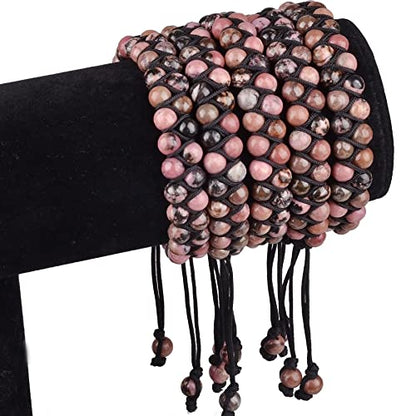 MASSIVE BEADS Double Layer Natural Chakra Healing Power Crystals Macrame Bracelet Yoga Stone Beads Gemstone Meditation Relax Anxiety Bangle for Unisex Women Men - color: Pink Black Rhodonite, size: 4mm
