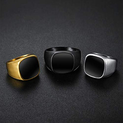 Men's Stainless Steel Square Biker Signet Ring, Black Silver Gold Styles | plain flat top, polished and brushed finish options, chunky profile, pinky or thumb styling, gift-ready for dad or him - color: Silver w/ Enamel Top