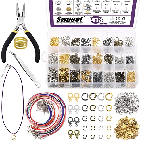 Swpeet 1414Pcs 4mm 5mm 6mm 8mm 10mm Open Jump Rings and Lobster Clasps with Jewelry Repair Tools Assortment Kit, Including Waxed Necklace Cords, 12mm Lobster Clasps, Tibetan Silver Pendant