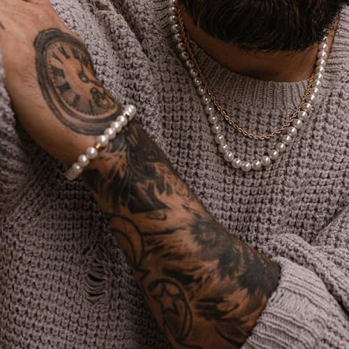 Forge & Foundry Marlow Men's Adjustable 8mm Shell Pearl (Man-Made) Bracelet | Design-Led Artisan Jewellery from London | Small, Medium, Large and Adjustable Sizing Options, 8mm Size, Size Adjustable | - color: 18K gold-plated, size: Large