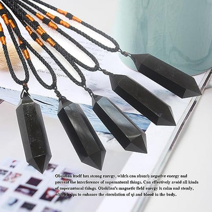 Runyangshi Black Obsidian Healing Crystal Pendants, Double Pointed Natural Crystal Quartz Necklace 6 Faceted Chakra Crystal Wand Stone - color: Black Obsidian