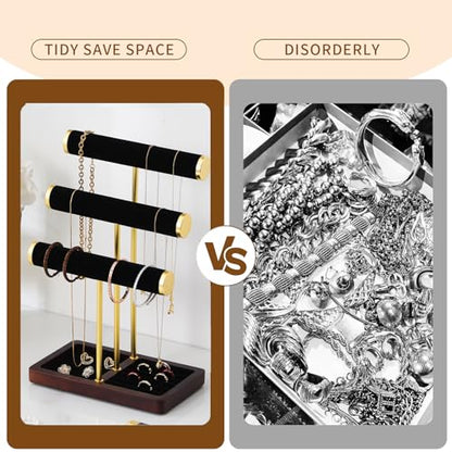 modern T-shaped jewelry rack, jewelry tower, gold metal, square ceramic base decoration display tower, necklace, bracelet, ring storage rack (3-layer black velvet) - style: 3-layer black velvet