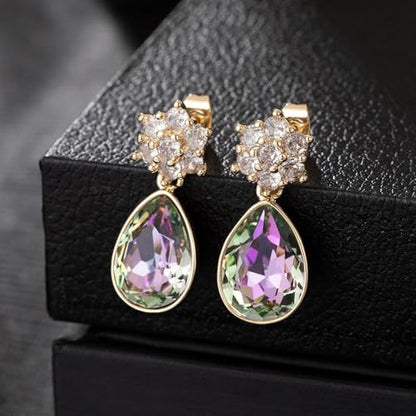 Elegant Austrian Crystal Teardrop Dangle Earrings for Women,14K Gold Plated Flower Drop Earrings Jewelry Gift for Birthday Wedding Anniversary - color: Vitrail Light