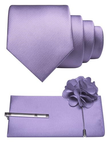 JEMYGINS Formal Necktie Solid Color Tie and Pocket Square with Tie Clip Lapel Pin Sets for Men 4PCS - color: Lavender