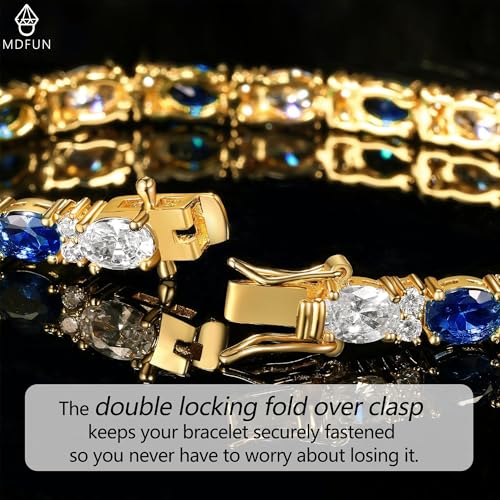 MDFUN 18K White/Yellow Gold Plated Green/Blue 5 * 7MM Oval 5A+ Cubic Zirconia Tennis Bracelet for Women Birthstone Jewelry Gift 6.5-8.5 inch - color: 18K Yellow Gold -Blue