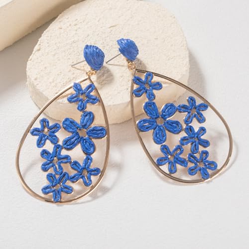 Boho Raffia Flower Teardrop Earrings Cute Colorful Dangle Trendy Jewelry | Floral Drop Statement Big Dangling Earring Hypoallergenic Gold Fun Unique Summer Spring Beach Vacation Outfits for Women - color: Royal Blue