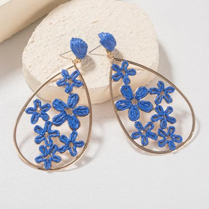 Boho Raffia Flower Teardrop Earrings Cute Colorful Dangle Trendy Jewelry | Floral Drop Statement Big Dangling Earring Hypoallergenic Gold Fun Unique Summer Spring Beach Vacation Outfits for Women - color: Royal Blue