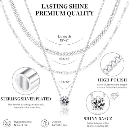 WomenGifts Layered Gold Necklaces for Women, 14K Gold Sterling Silver Plated Dainty Pendant Necklace Set Non Tarnish, Chunky Stackable Cuban Chain Choker, Trendy Birthstone Vacation Jewelry Gift - color: Silver, style: Cubic Zirconia