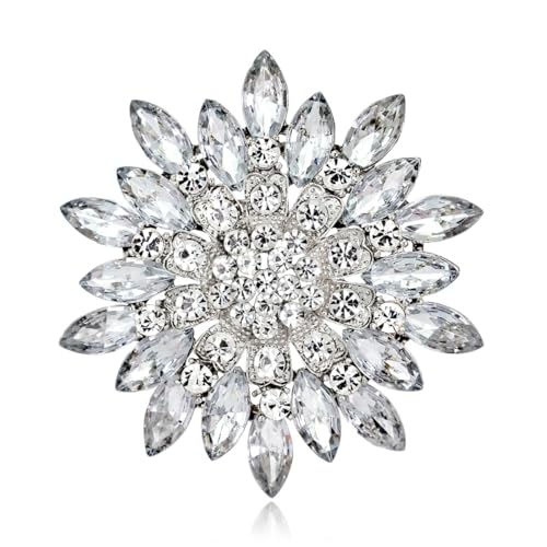 Rhinestone Sunflower Brooch for Women Sparkling Cubic Zirconia Flower Brooch Pin Elegant Large Crystal Floral Lapel Pin Dainty Clothing Hat Bag Accessories Christmas Wedding Bridal Birthday Jewelry - color: White
