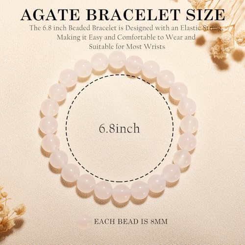 Agate Round Beaded Bracelet for Women Men Natural Agates Stone Healing Bracelets Stretch Elastic Handmade Polished Gemstone Beads Bracelet - color: White, size: 8mm Beads