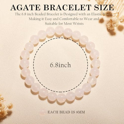 Agate Round Beaded Bracelet for Women Men Natural Agates Stone Healing Bracelets Stretch Elastic Handmade Polished Gemstone Beads Bracelet - color: White, size: 8mm Beads