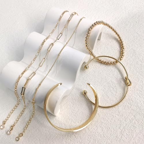HERIER Gold Bracelets for Women 18k Gold Plated Bracelet Stack Bangle Cuff Bracelet Set for Women Non Tarnish Beaded/Paperclip/Cuban Link Chain Bracelets Jewelry for Women Trendy - style: Bangles Bracelets Set-Gold