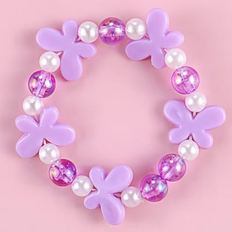 Beaded Necklaces and Bracelets Set for Women Flower Butterfly Pendant Bead Stretch Necklace Party Favors Dress up Play Costume Jewelry Gift - color: Purple